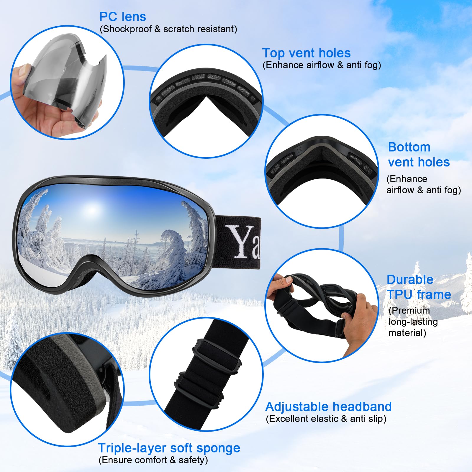 Yafaca Gogle narciarskie, przeciwmgielne, ochrona UV 400, gogle snowboardowe z podwójną soczewką, OTG i kask, kompatybilne z okularami śnieżnymi, antyodblaskowe, sferyczne gogle narciarskie dla