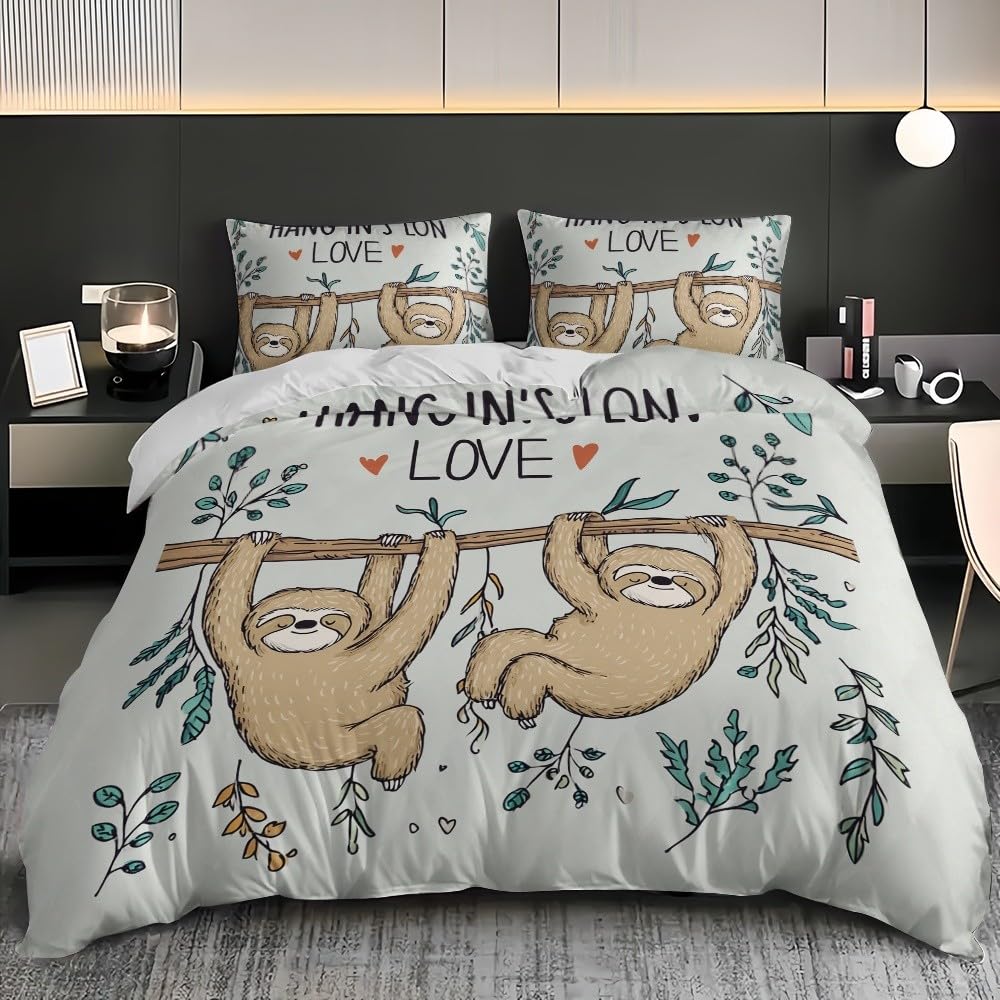 Uroczy leniwiec wzór 3-częściowy zestaw pościeli, 155 x 200 cm szara poszwa na kołdrę z zamkiem błyskawicznym miękka i oddychająca poszewka na kołdrę z poszewkami na poduszki 50 x 80 cm