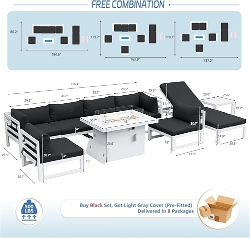 Miniatura 964 de NICESOUL 7 Piece White Powder-Coated Aluminum Patio Furniture with Fire Pit Table, 29 Inch Extra Wide Outdoor Sectional Sofa for 6, High-End Heavy