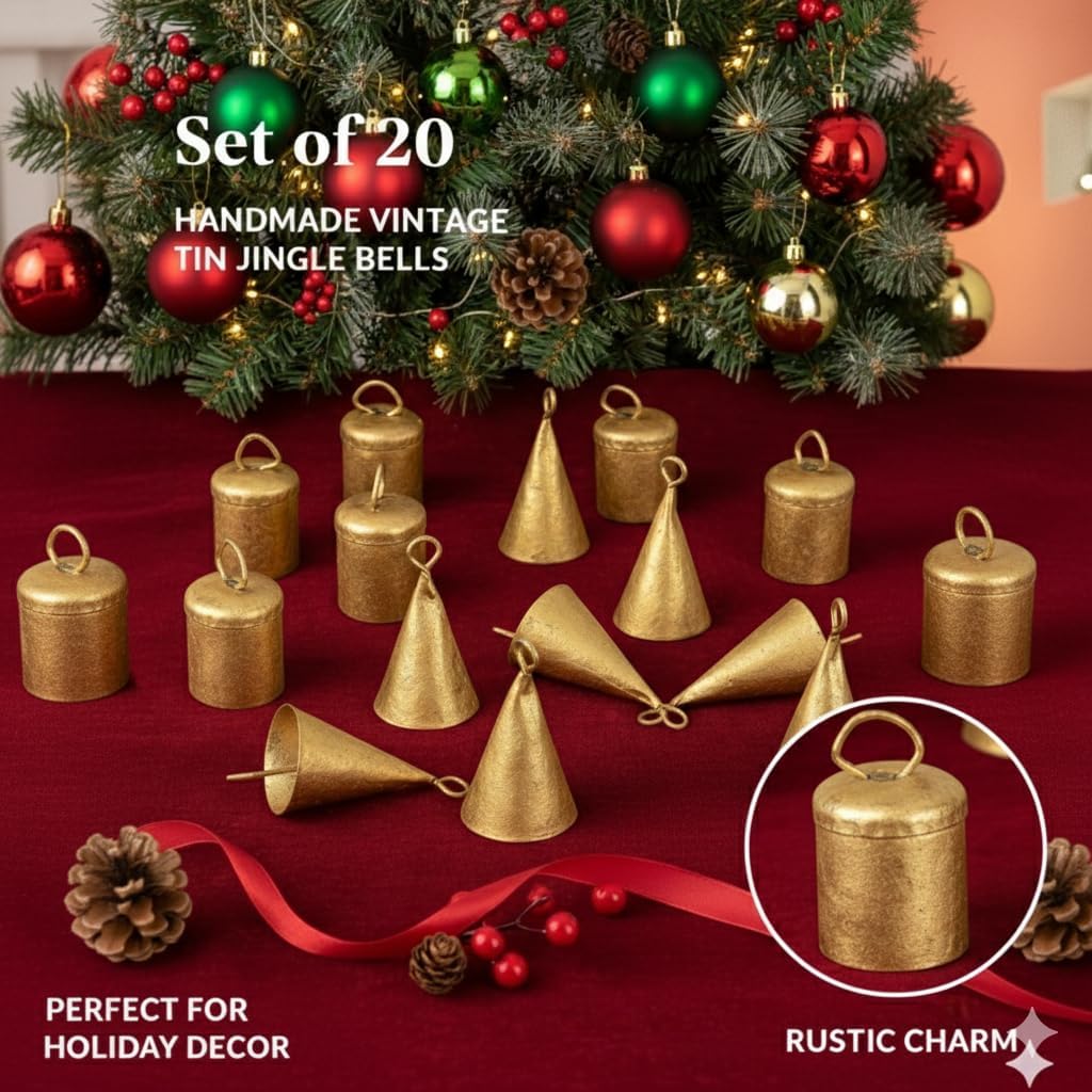 Set of 20 Handmade Vintage Tin Jingle Bells – Rustic Indian Cow & Witch Bells for Christmas Tree Ornaments, Holiday Décor & Festive Hanging Crafts