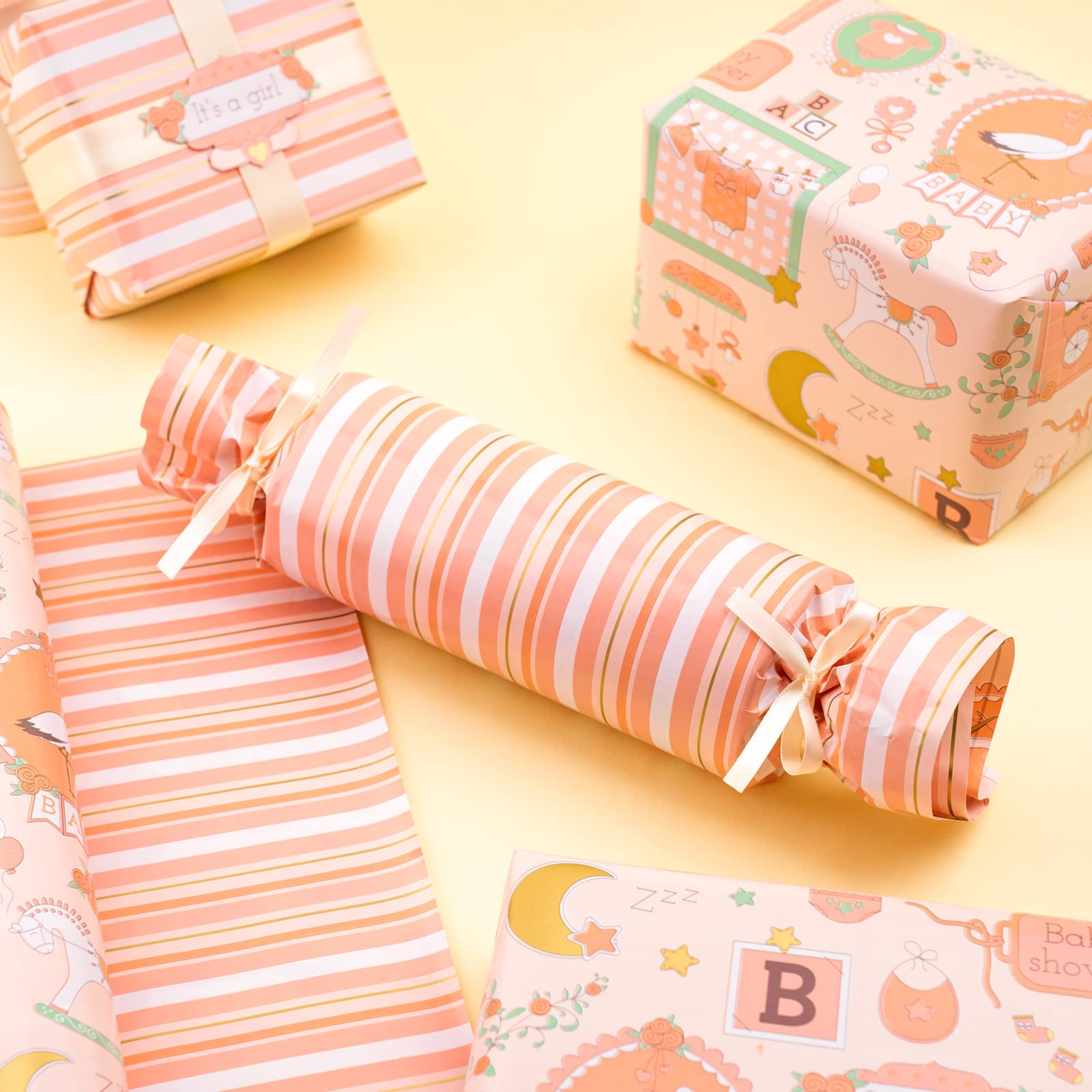 WRAPAHOLIC Papel de regalo reversible jumbo para niña – 30 pulgadas x 33 pies – Diseño de bebé niña y rayas para baby shower, cumpleaños, fiesta, vacaciones