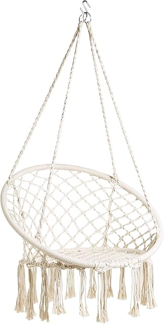 BTFY Cream Hanging Chair  Macrame Boho Rope Swing Chair for Garden, Outdoor, Patio, Terrace, Decking  Swinging Relax Comfort Lounge Hammock Chair Seat  Light, Natural Bohemian Style Seating