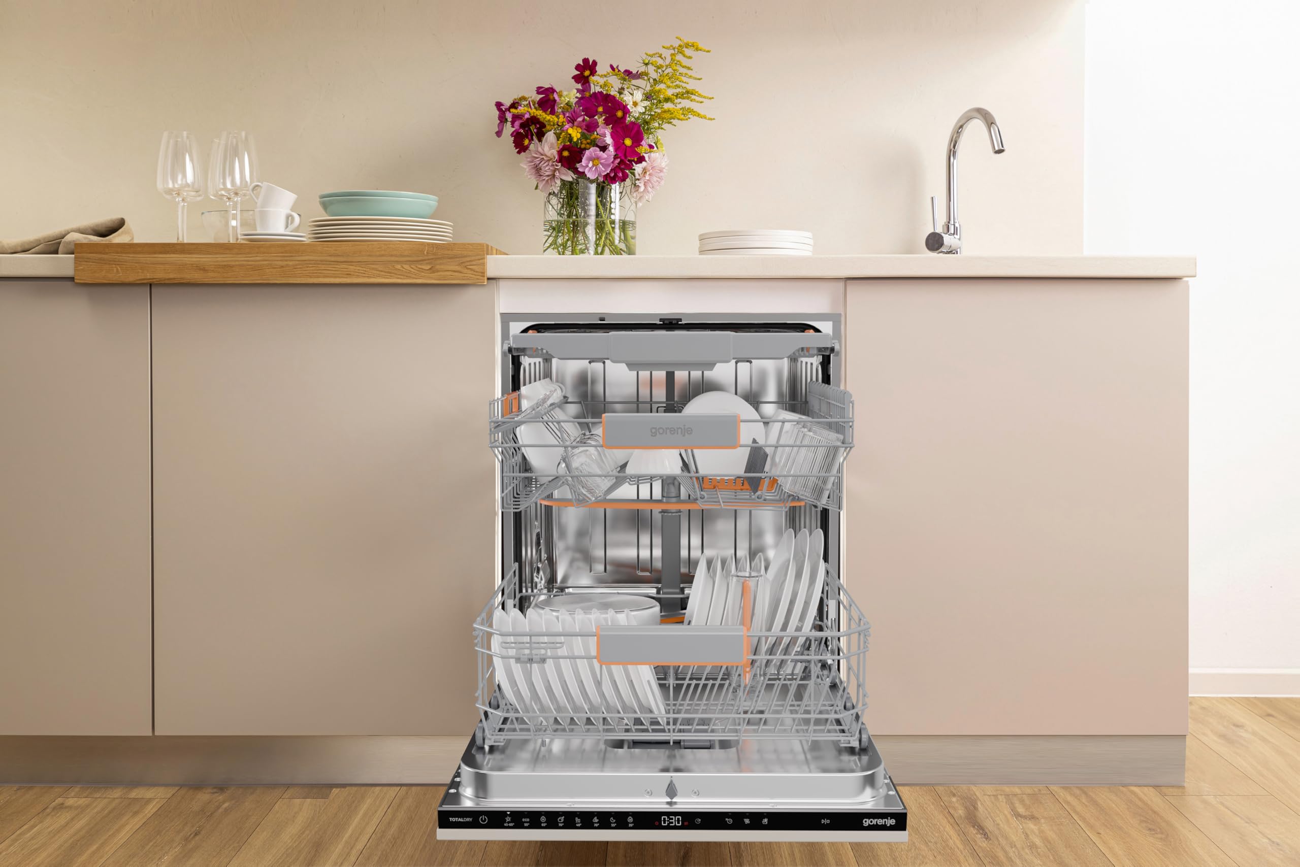 Gorenje GV16B Vollintegrierbar Geschirrspüler/60 cm/8 Programme/16 Maßgedecke/Europäische Qualität/Total AquaStop/TotalDry/Intensive Reinigungszone/BottleWash/FlexUse/Einbaumaße(BxHxT): 60× 82×55,5 cm