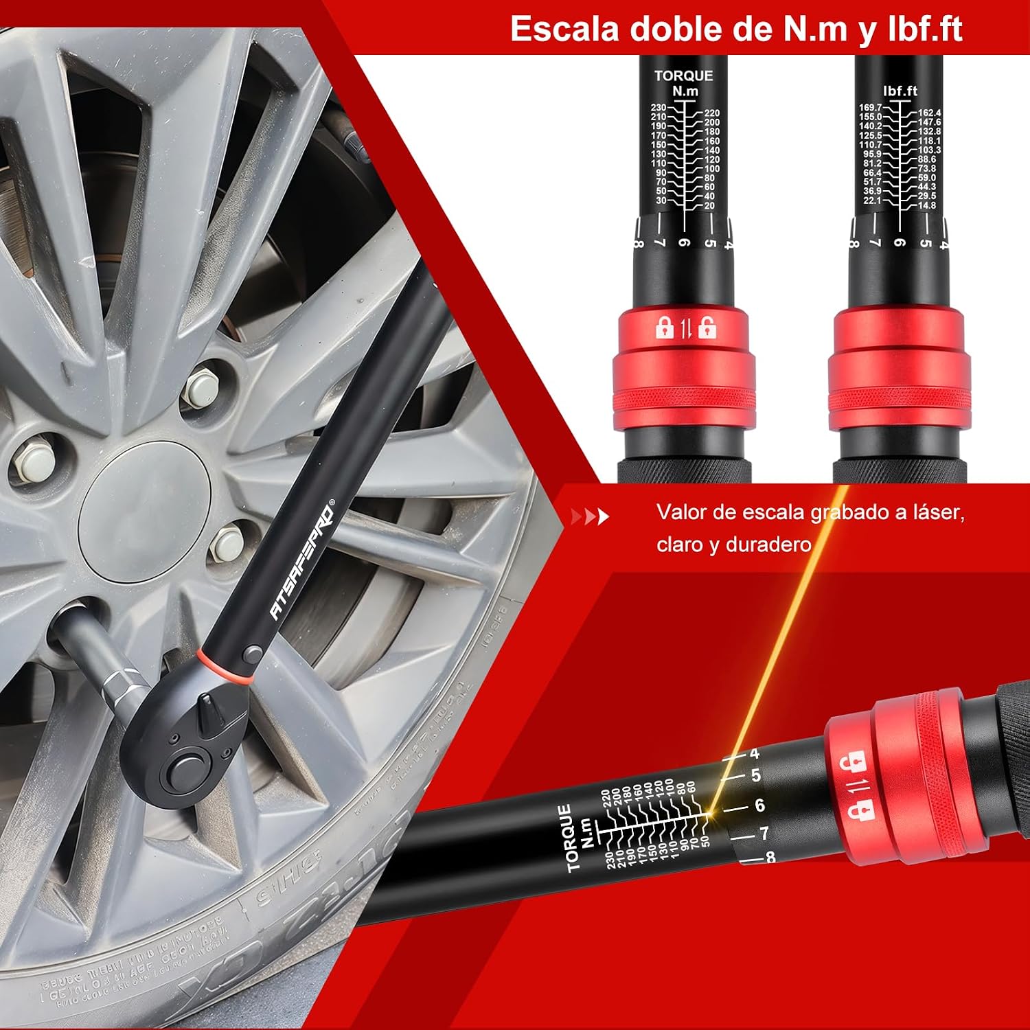 Close-up of the torque wrench handle showing dual Nm and lbf.ft scales, laser-engraved for clarity and durability.