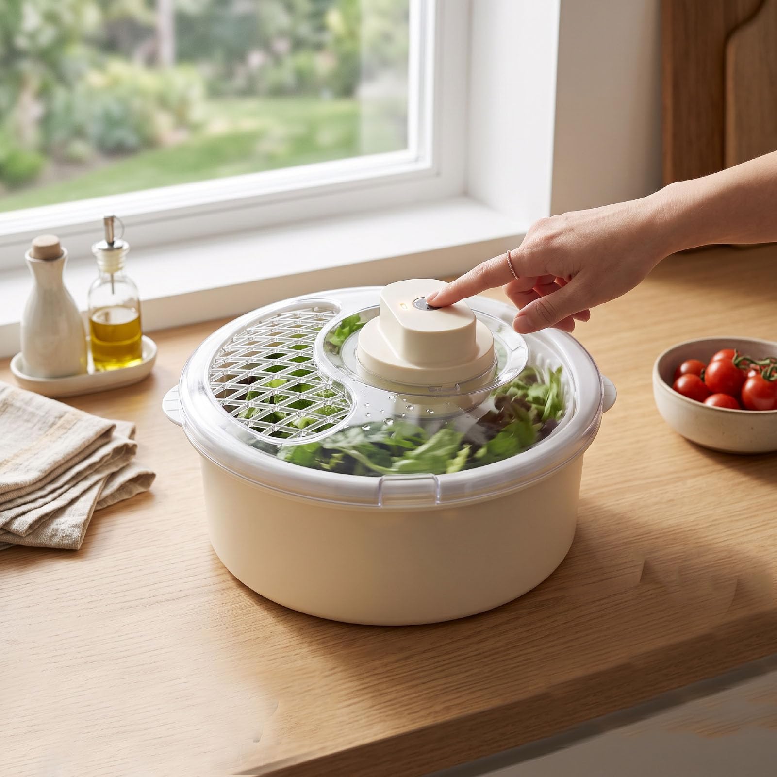 Essoreuse à Salade 4L, Laveuse-sécheuse à Fruits avec Panier Passoire | Batterie 1200 MAh, Rechargeable, Portable, pour Baies Vertes