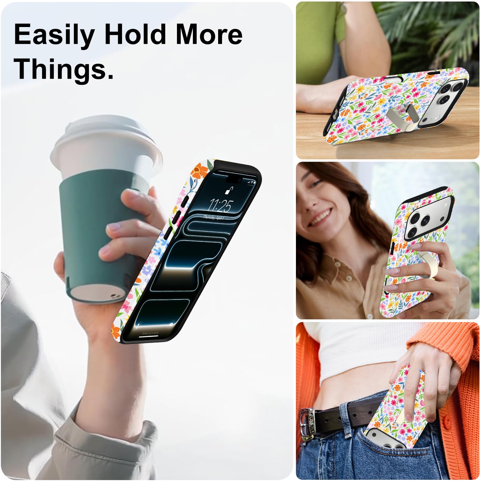 Fiyart Funda magnética para iPhone 17 Pro Max, diseño floral con soporte para correa de muñeca, bonito patrón de flores compatible con MagSafe, soporte de agarre manos libres, antideslizante, a prueba
