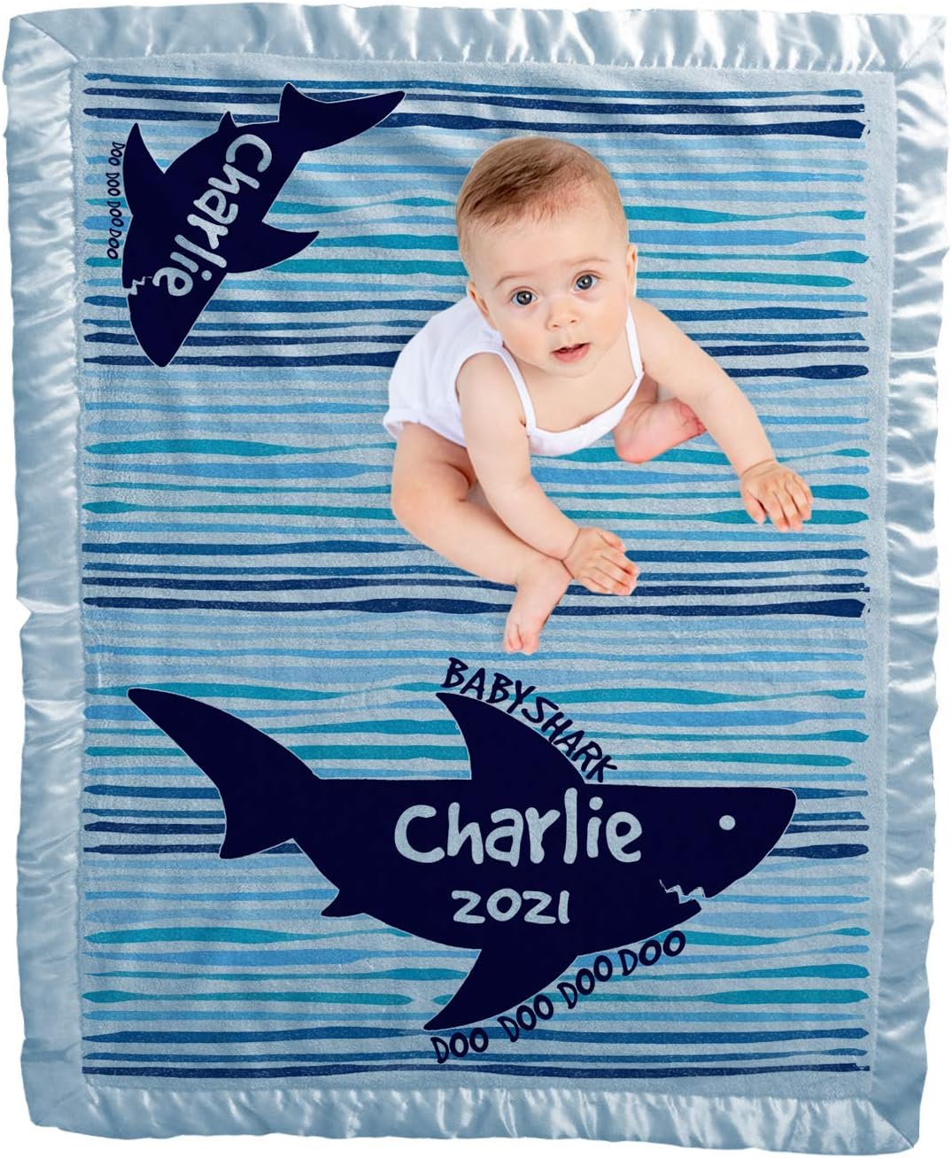 Baby Shark Blanket Gift Doo Doo Doo 30 x 40 in (Blue) for Newborn Boys Custom Name Shower Nursery Decor Receiving Blankets