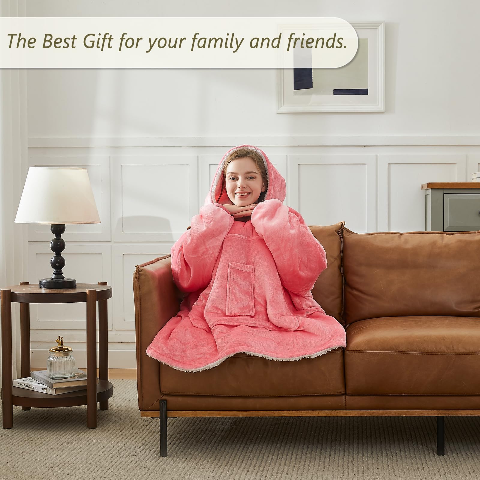 L'AGRATY Wearable Blanket Hoodie Oversized Giant Hooded Blanket Sweatshirt with Pocket Sleeves for Women Men Flannel Sherpa Soft Warm Cozy Blanket Jacket Sweater Gift for Adult Teens One Size Fits All