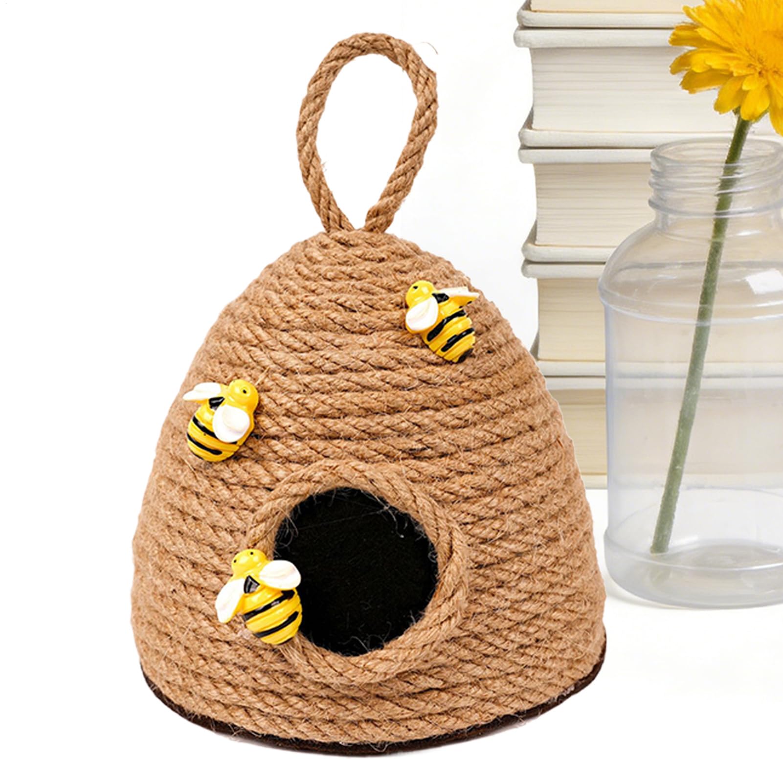 Bienenstock- – Bienenstock aus gewebtem Juteseil, abgestuftes Tablett, Bauernhaus-Anhänger, 11 x 11 cm kompaktes Ornament + 15 cm Aufhängeschlaufe, Konstruktion aus Naturfaserschnur – für Küche u