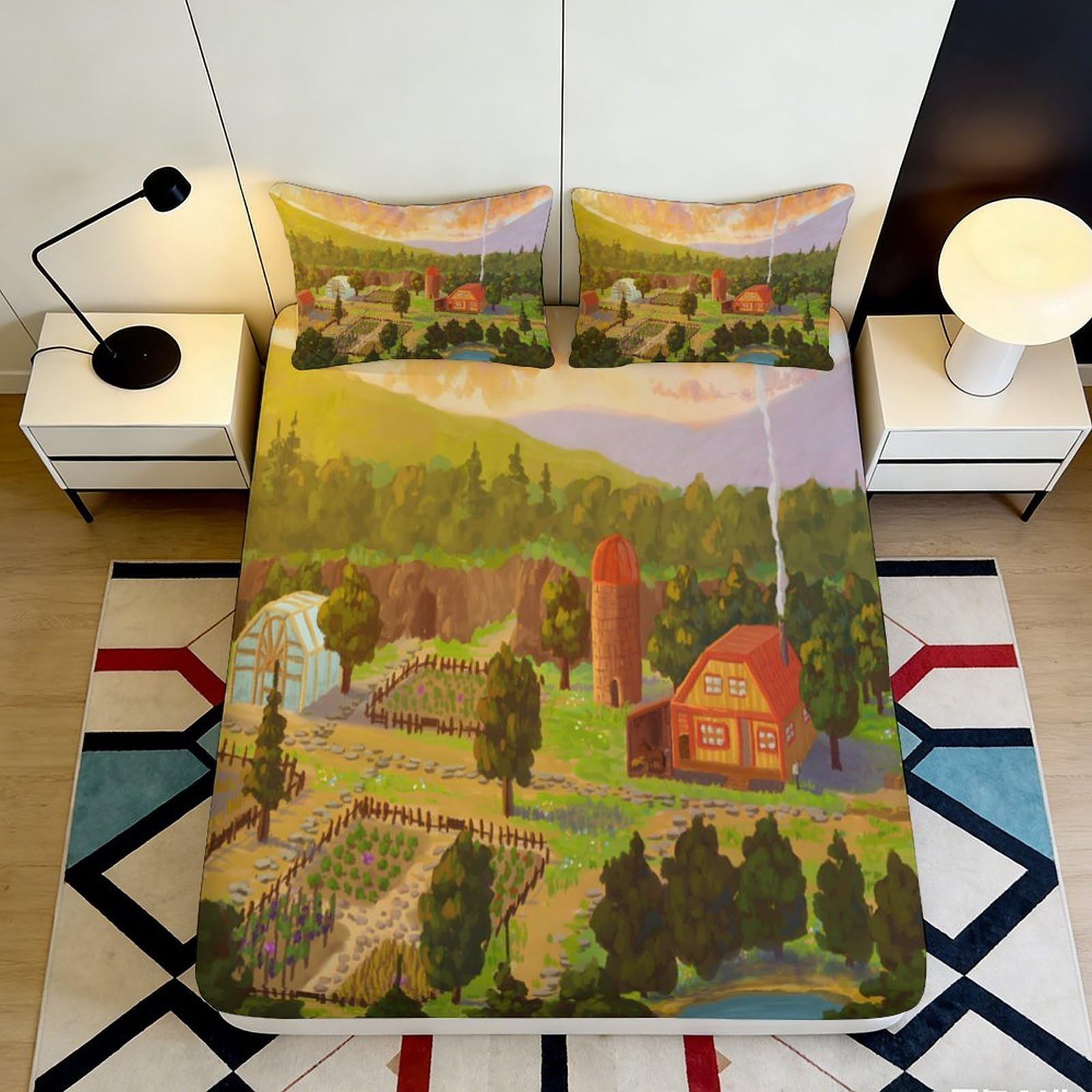3D Printed Countryside Farmhouse Fitted Sheet Microfiber Soft Village Landscape Mattress Cover for Bedroom Guest Room Decor 90x200x25cm