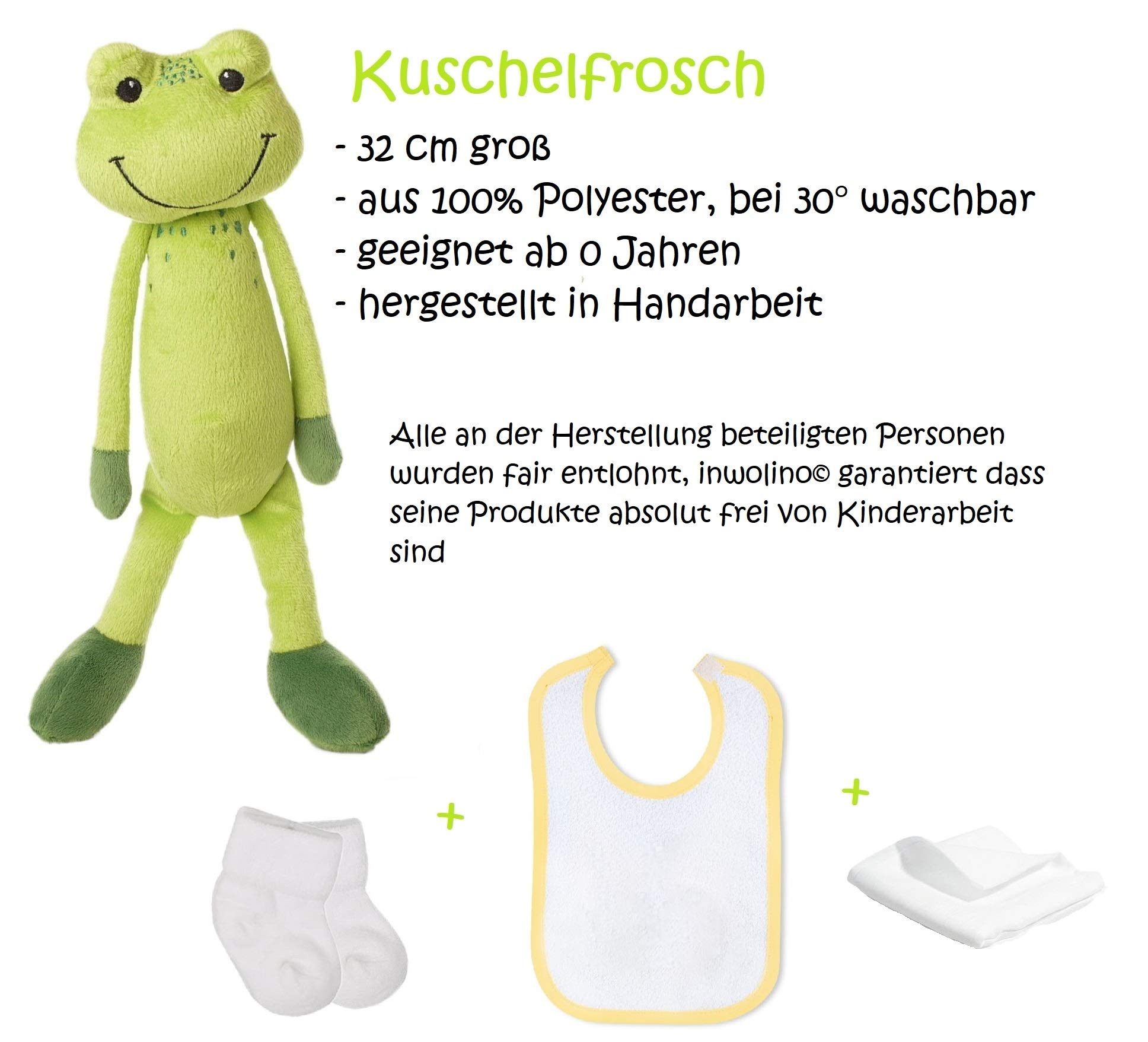 Windeltorte Dreirad Kuschelfrosch grün | 32 cm Plüschtier, Lätzchen und Socken | Windeldreirad Handgefertigt