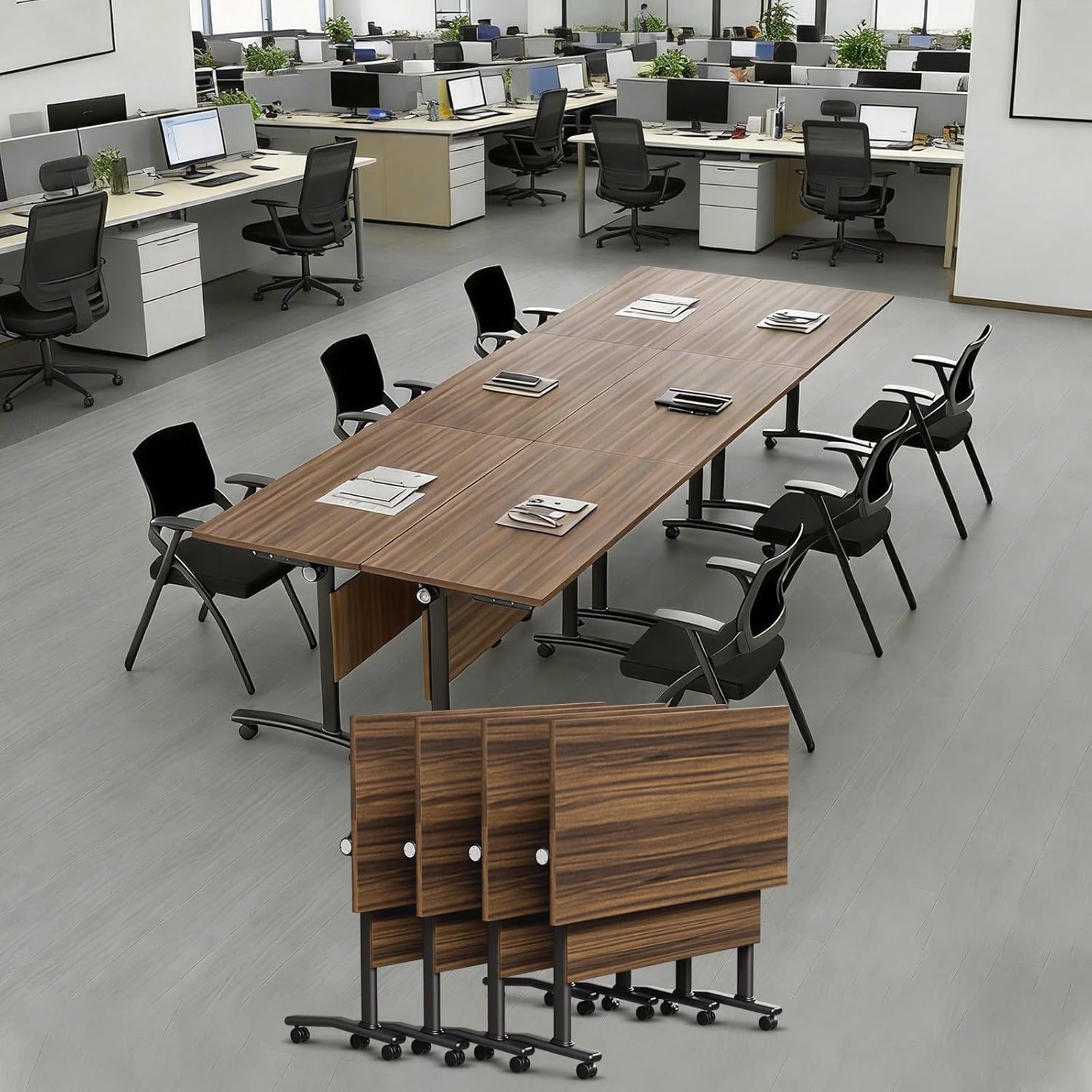 Folding Conference Tables,Flip Top Conference Room Table Mobile Training Tables for 8-10 People,Meeting Table with Silent Wheels for Office Seminar Classroom Tables (4,Walnut Color,70.8in)
