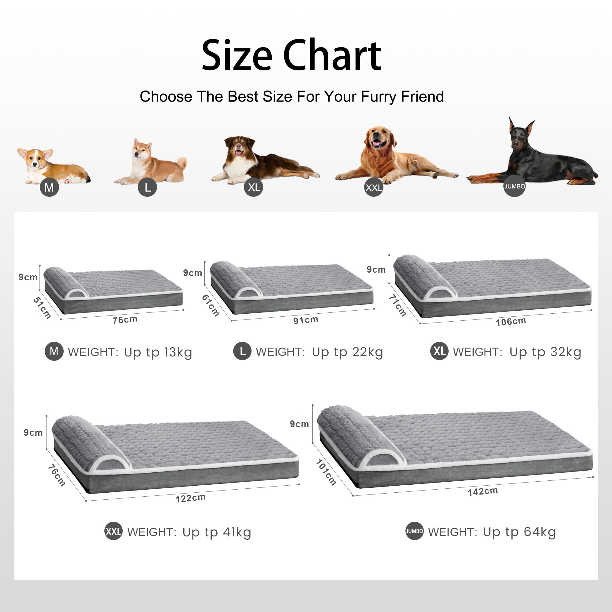 Panier Chien Moyen Orthopédique, Lit Matelas pour Chien avec Oreiller Latéral Moelleux, Coussin Déhoussable Lavable en Machine, Imperméable, Base Antidérapante, 91x61cm, Gris