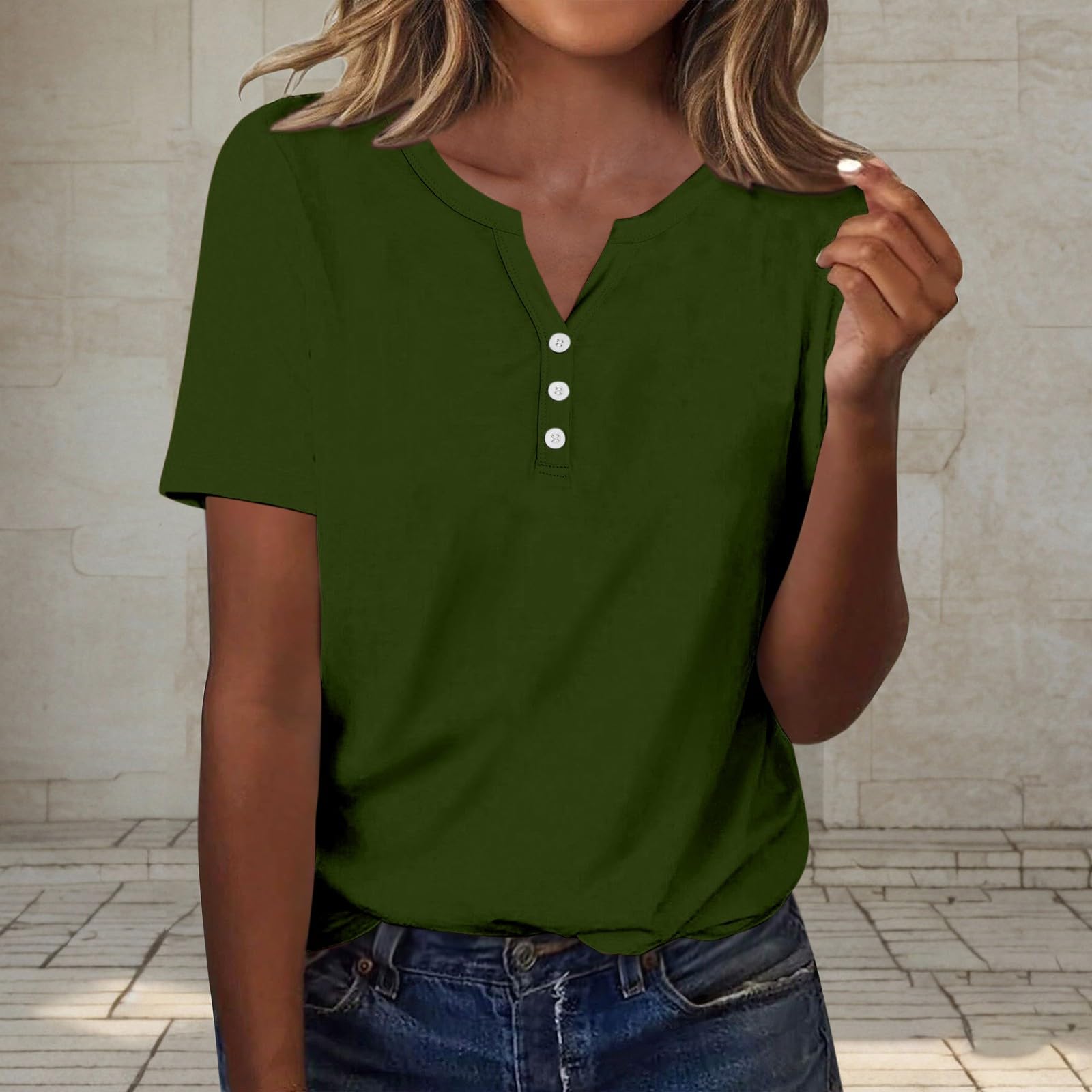 Basic Tees for Women Solid Color V Neck Button Up Short Sleeve Summer Henley Tunic Shirts Ladies Summer Going Out Top Army Green