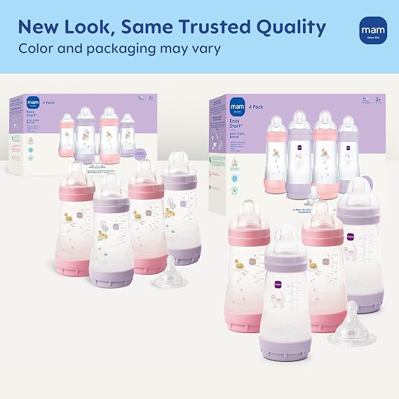 MAM 9oz Easy Start Anti-Colic+ Vented Baby Bottles, 2+ Months, 4 Pack, Girl