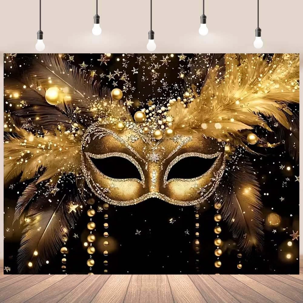 Sfondo per feste in maschera, maschera dorata, piume glitterate, sfondo fotografico, per martedì grasso, feste in maschera, carnevale, feste di buon compleanno (A, 2,7 x 1,8 m)