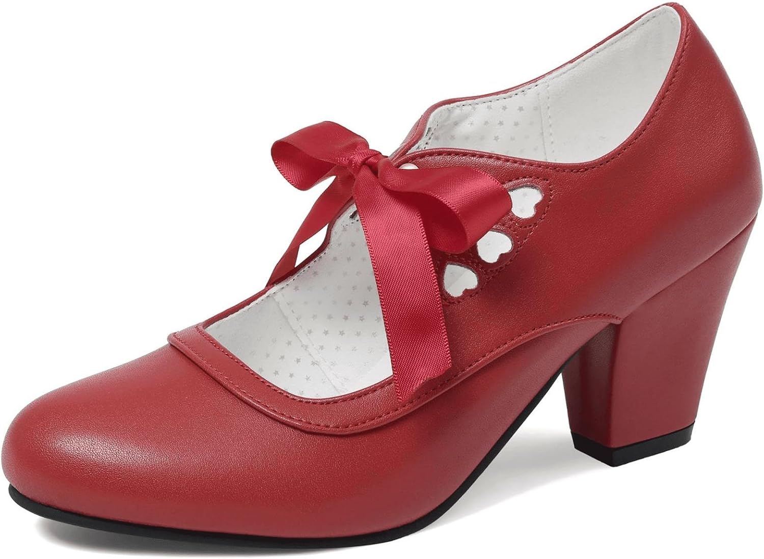 Erocalli Women's Mary Jane Pumps Chunky Block Shoes Heart Hollow Adorable Vintage Shoes Unique Round Toe Lace Up