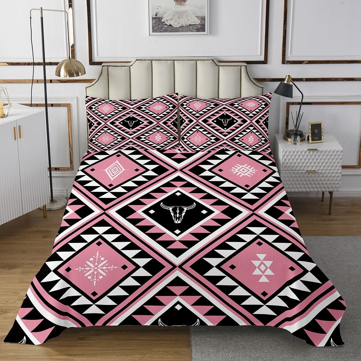 Erosebridal Rustic Southwestern Bedspread Set King Pink Boho Aztec Coverlet Set for Kids Adult Bull Skull Western Tribal Bohemian Bedding Set Diamond Bed Set