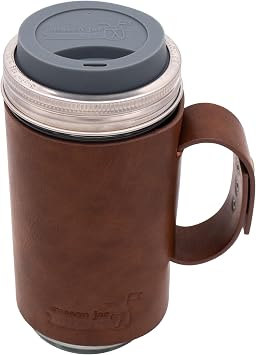 Mason Jar Lifestyle 24oz Mason Jar Travel Tumbler with Faux Leather Sleeve and Drinking Lid Bundle Charcoal Gray