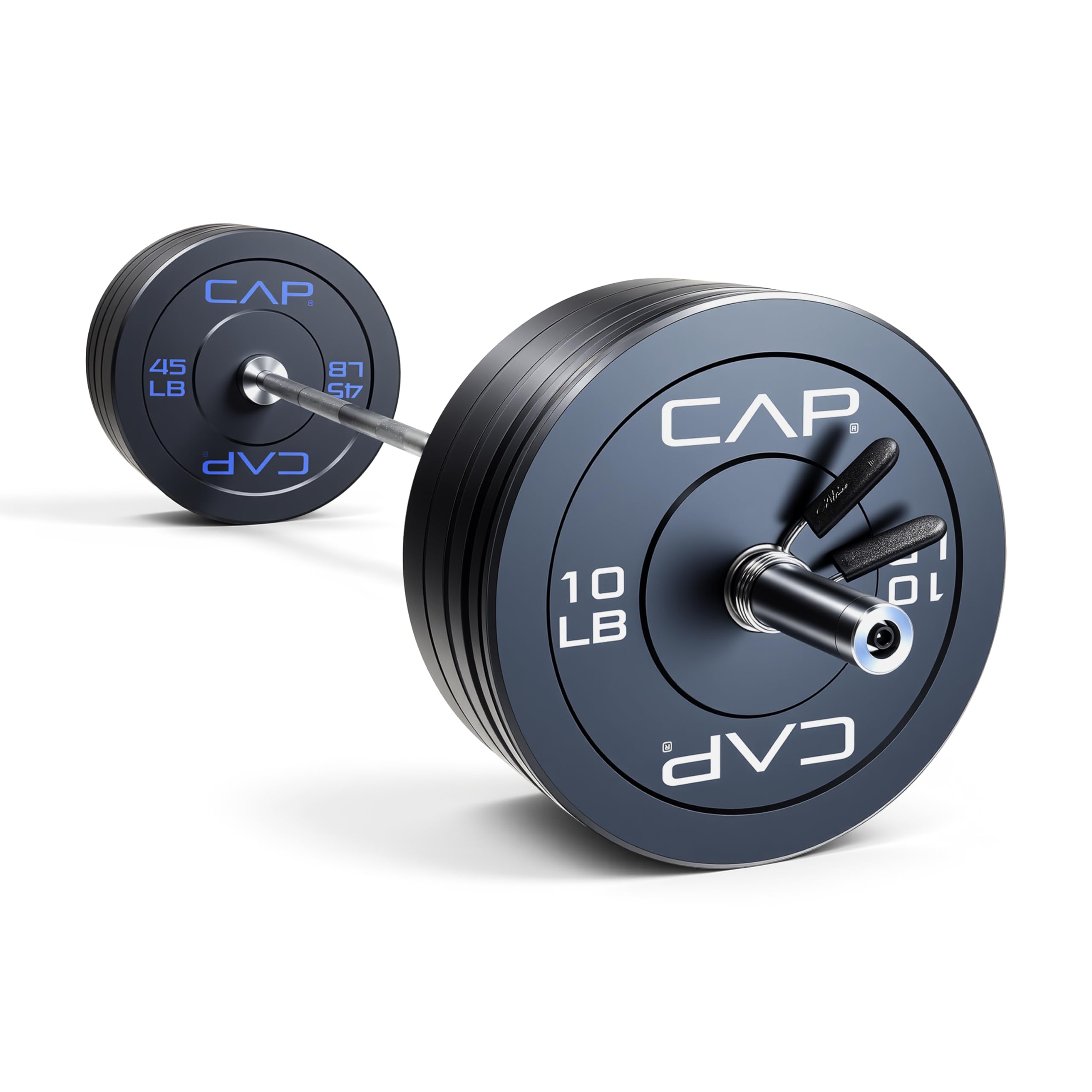 CAP Barbell 260 lb Economy Olympic Weight Set with 7ft Chrome Barbell &amp; Black Bumper Plates with Color Logo