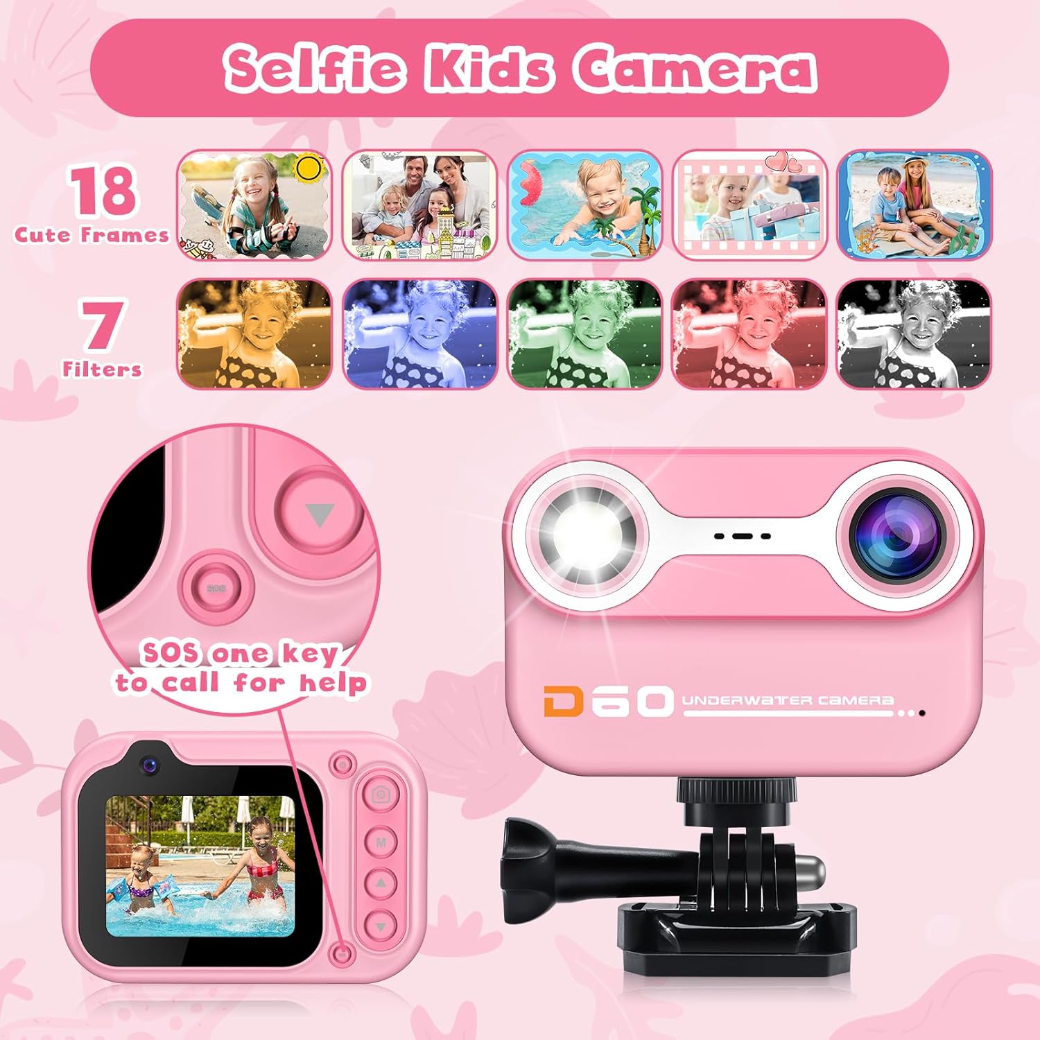 Gofunly D60 camera showcasing its selfie mode with 18 cute frames and 7 filters for creative photo effects.