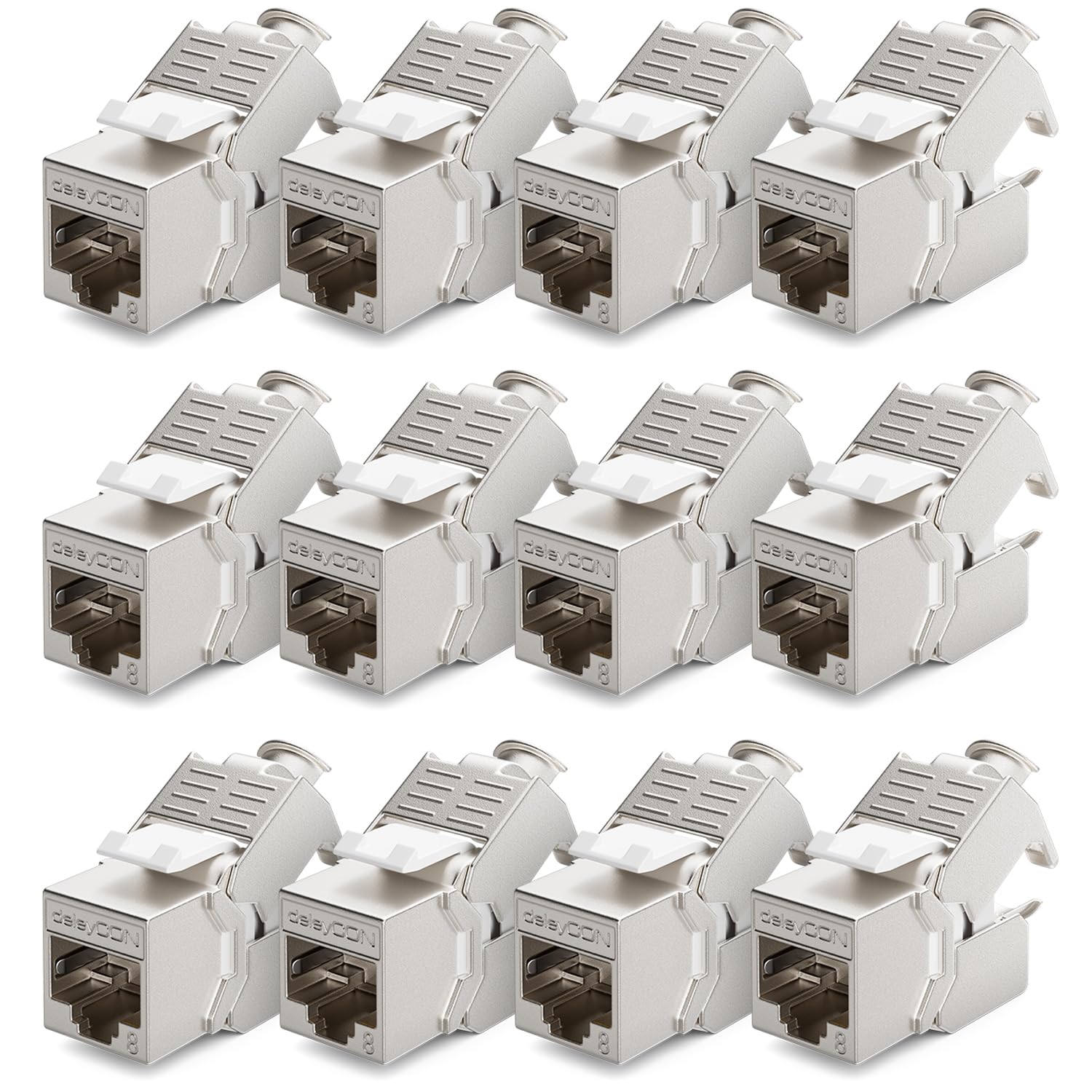 deleyCON CAT 8 Keystone Jack Modul RJ45 STP Verbinder, 12 Stück | Patchkabel Netzwerkkabel, optimal für CAT8 CAT7 CAT7a, STP Schirmung, RJ45 Buchse, Patchpanel, Keystonehalterung, Erweiterung