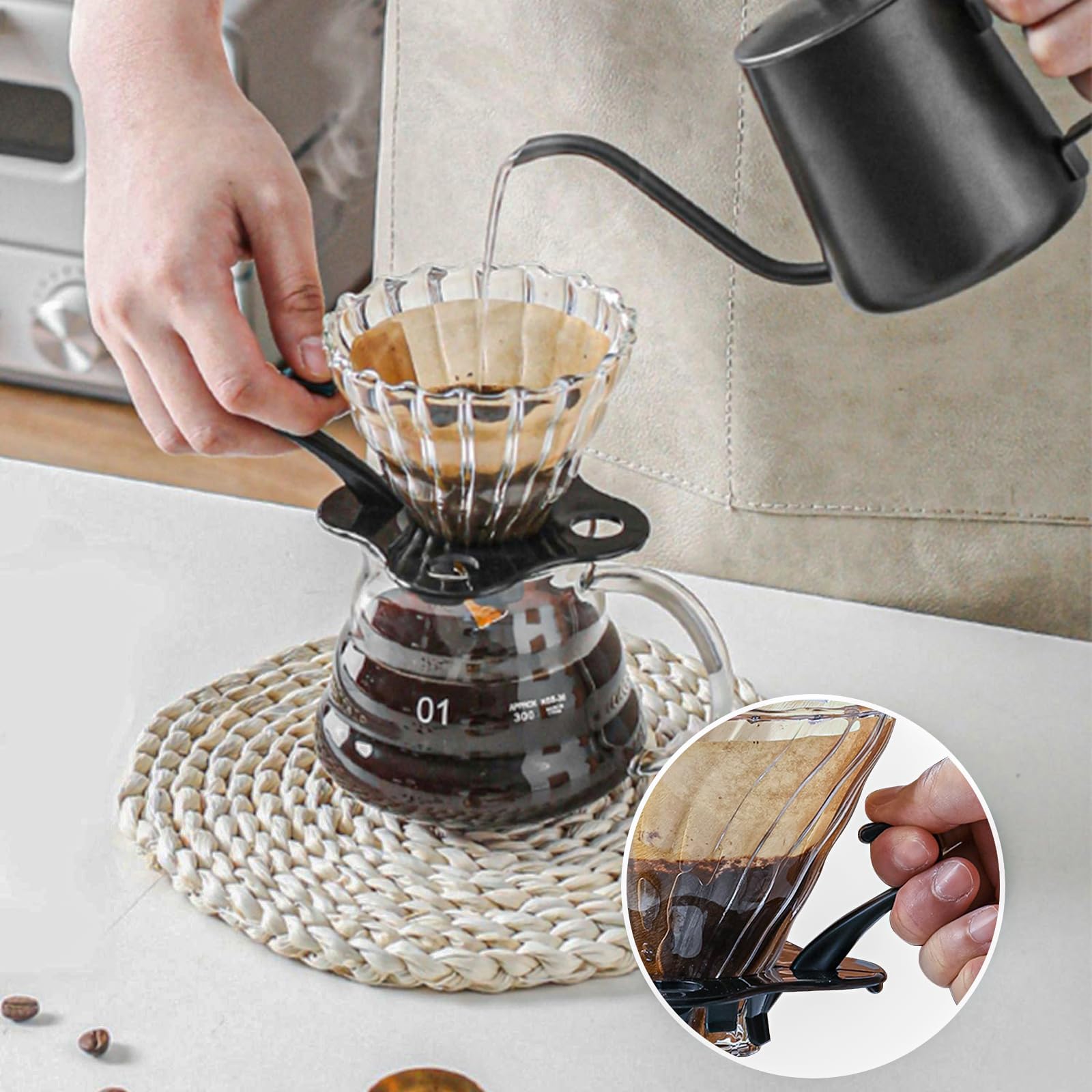 Ensemble de moulin à café manuel de 7 pièces,ensemble d'outils de brassage de café portable,Coffee Grinder Degré avec bouilloire 600ml,Mouture Réglable,Outdoor Travel Picnic（100 filtres）