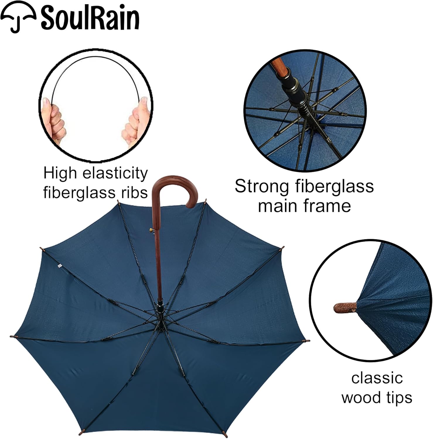 SoulRain 48" Large Umbrella –Windproof Stick Umbrellas for Rain, Automatic Open, Vintage Cane Navy Blue big Umbrella with Classic Wooden Handle,Open for 2 Persons adult,for Women & Men(Navy Blue) - Image 6