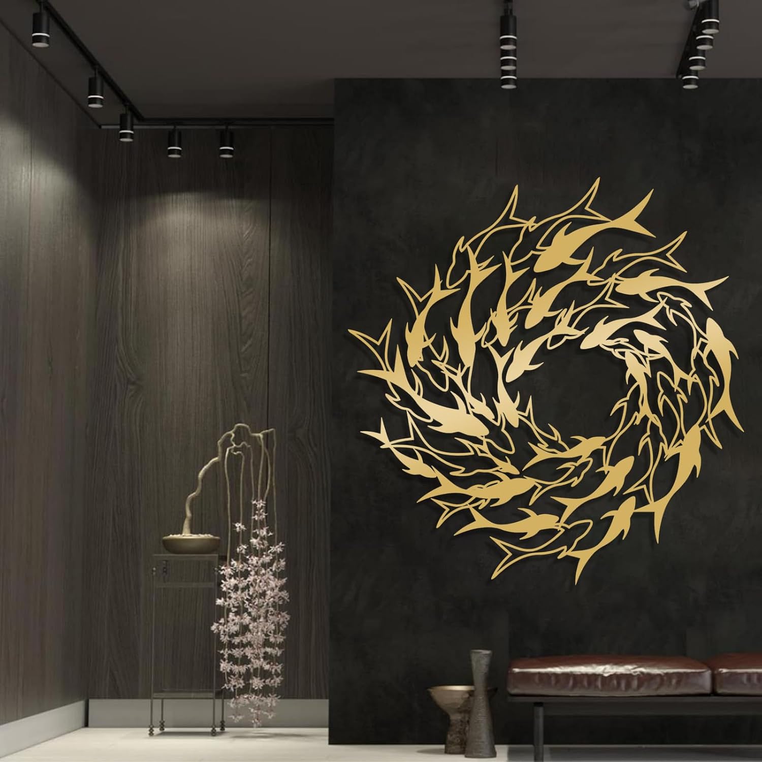 School of Fish Wall Decor, Flock of Fish Metal Sign, Whirlpool School of Fish Metal Wall Art, Minimalist Line Wall Decor, Nautical Wall Decor, Bathroom Wall Art (Gold, 39"x39"|100x100cm)