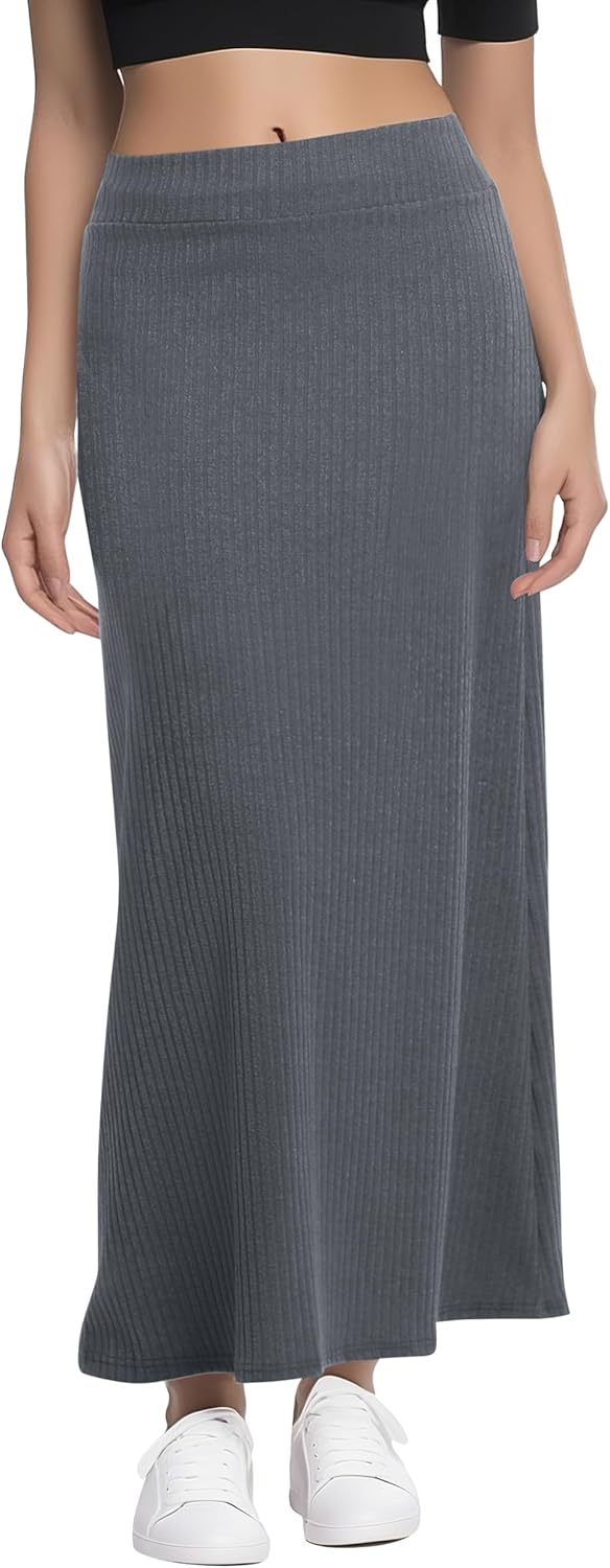Urban CoCo Women's High Waist A-Line Maxi Skirt Comfy Ribbed Knit Long Skirt - Image 4
