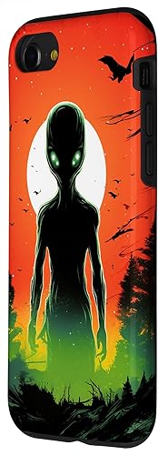 Vista 32 de iPhone 14 Pro Cute Green Alien Head UFO Space Face Alien Case