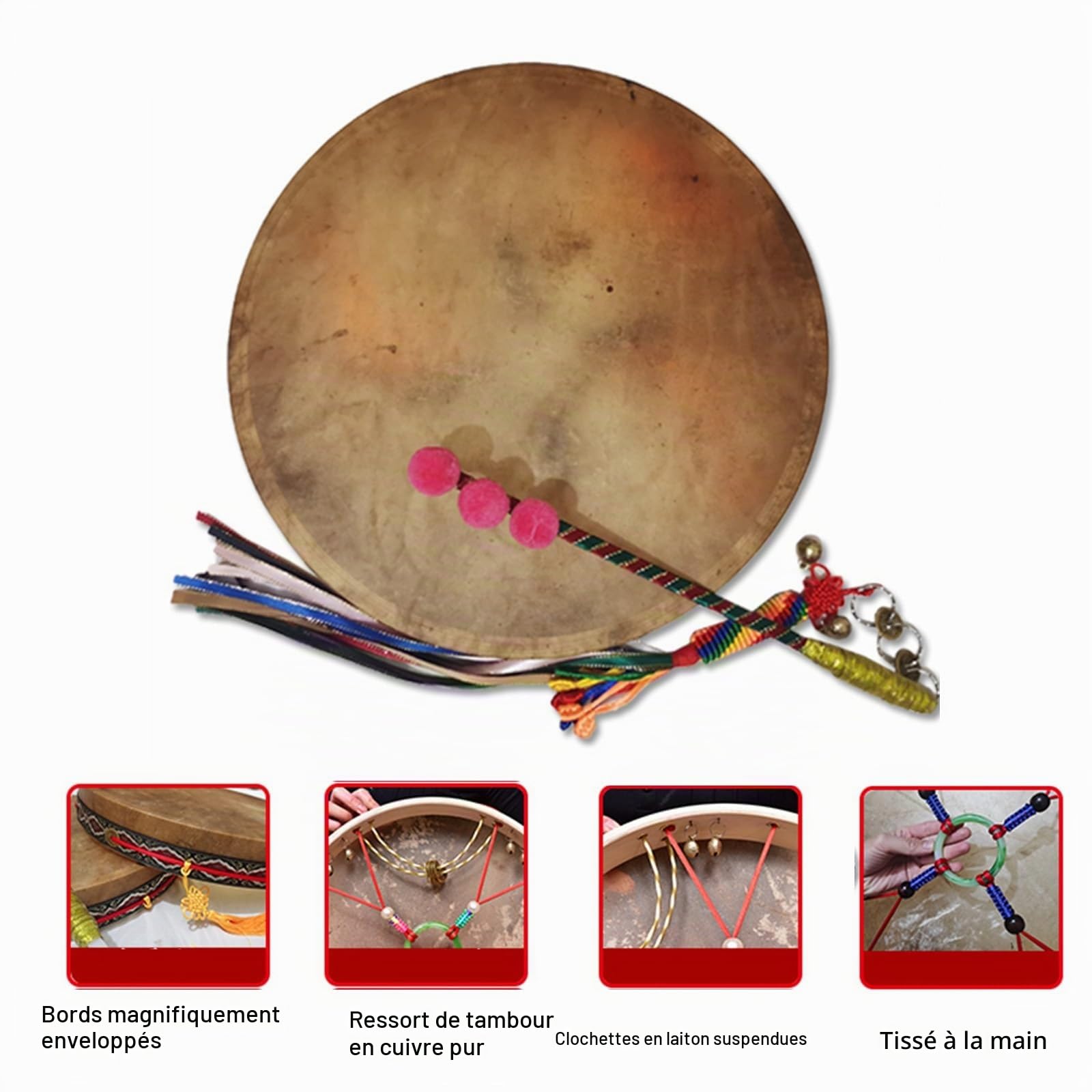 Tambour de Buffle Double Rangée Roseau en Cuivre avec Baguettes Percussion Tambour Chamanique Alchimie Tambour à Main, Guérisseur de Son Spirituel Méditation Réflexion(50cm,3-piece set)
