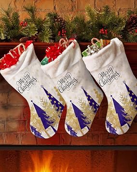 18" Large Plush Christmas Stocking, Merry Christmas Stockings Decoration Gold Blue Xmas Tree Winter Snowflake Hanging Socks for Xmas Holiday Christmas Tree Fireplace Decor Socks