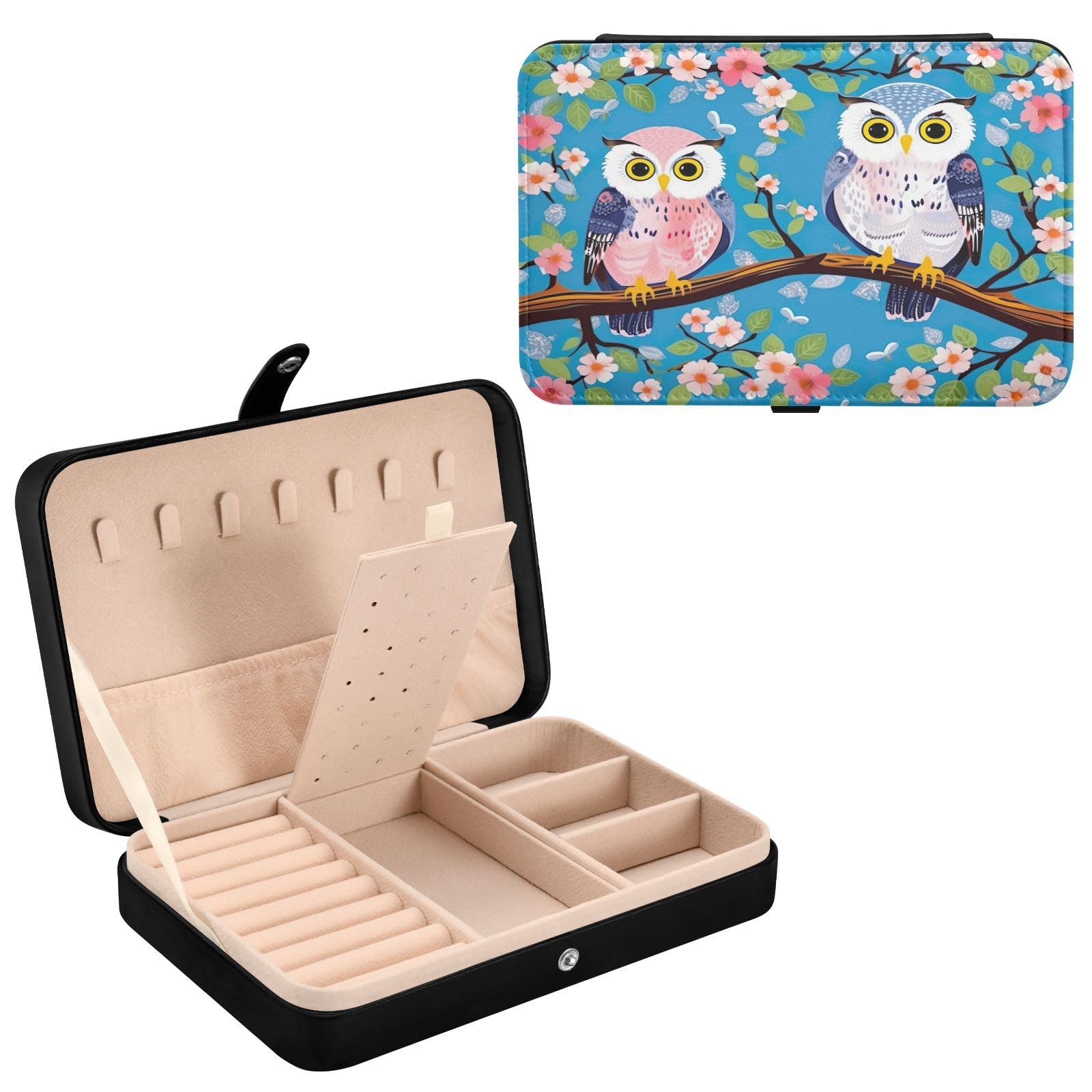 Haskirky Cute Owls Blue Jewelry Box Portable PU Leather Travel Jewelry Organize for Women Jewelry Storage Display Holder for Ring, Necklace, Earring