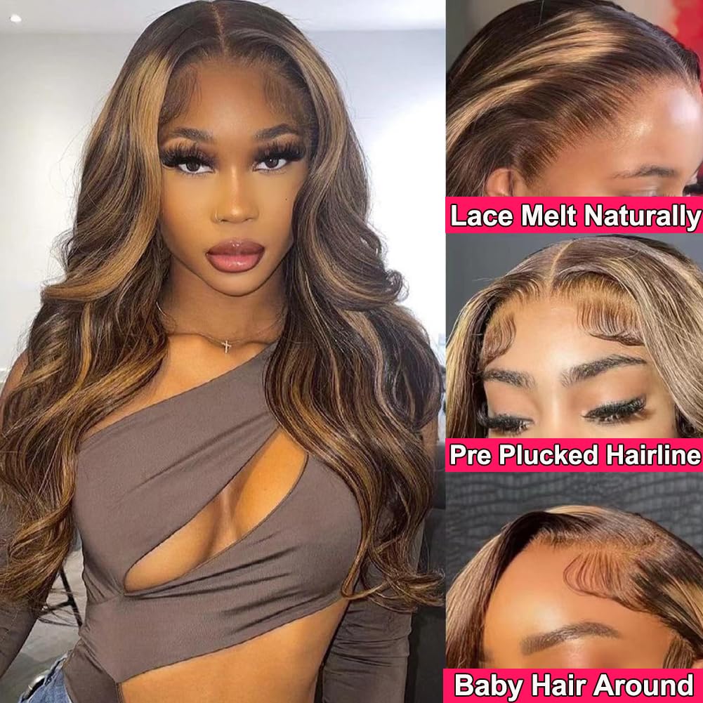 ALSZIQIHR 30 Inch Highlight Ombre Body Wave 13x6 Lace Front Wig Human Hair Honey Blonde Transparent HD Lace Frontal Wigs Human Hair 180% Density Pre Plucked With Baby Hair for Black Women 4/27Colored