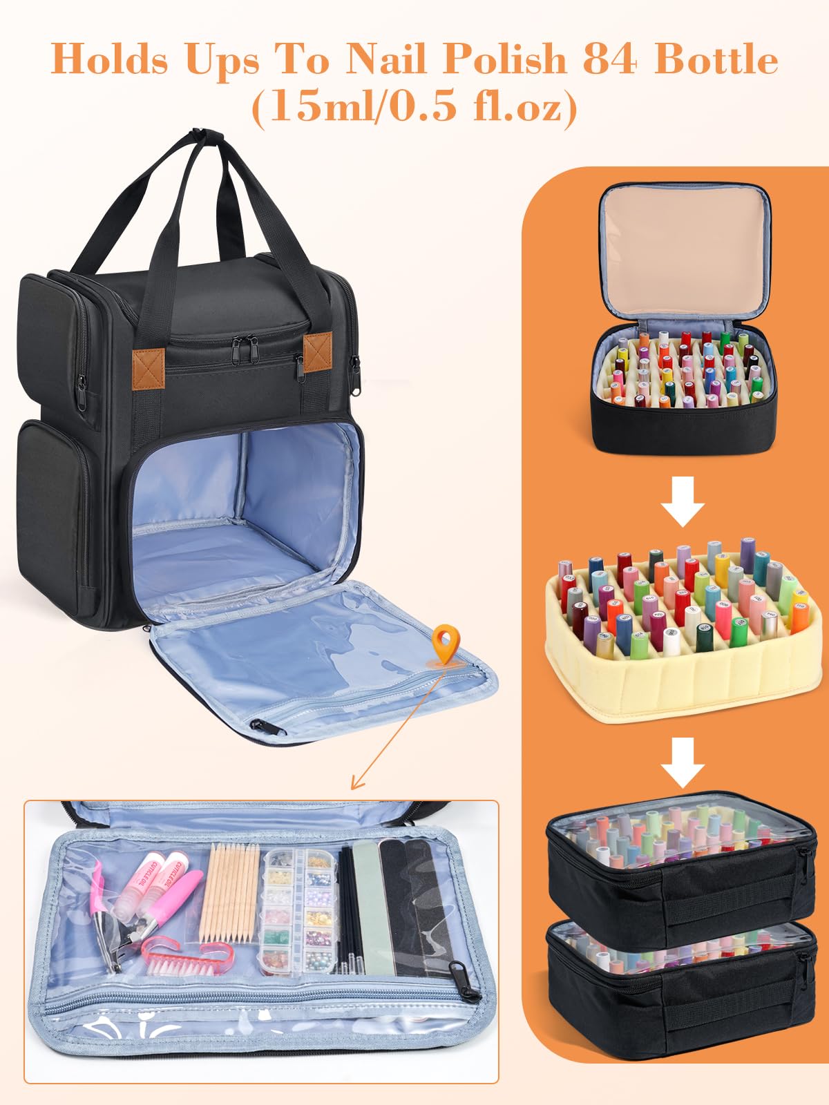 Yokilly Sac pour Rangement Vernis à Ongle: Grande Double Couche Rangement Vernis à Ongle pour 84 Bouteilles (15 ML) et Une Lampe à Ongles (Noir, Très Grand)