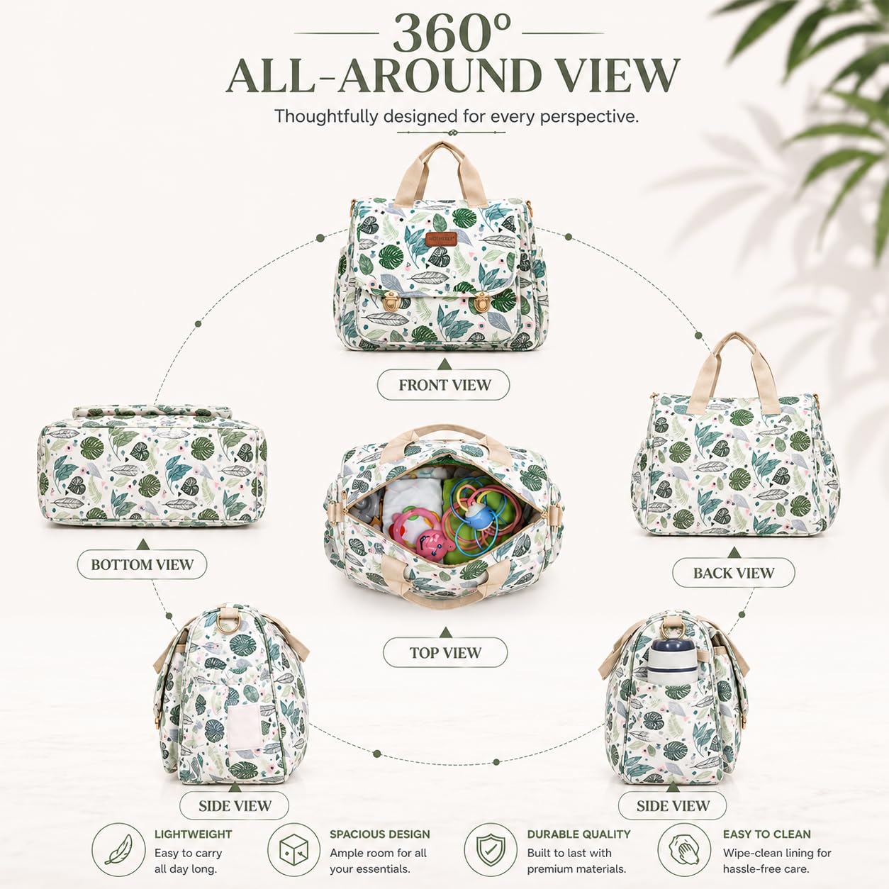 Motherly Tote Diaper Bag for Mothers for Travel, Glory Series, Green Leaf 2