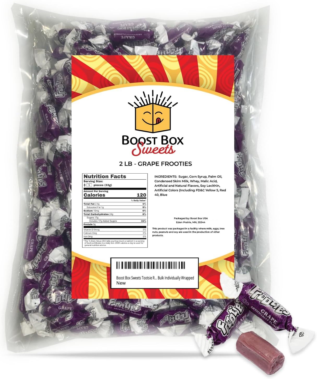 BoostBox Grape Frooties Individually Wrapped Bulk Chewy Purple Tootsie Roll Candy (2 Pound)