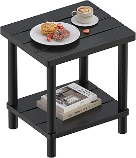 LEJANEOYE 2-Tier Bamboo Outdoor Side Table for Patio, Pool, Porch - Weatherproof, Stable, Easy Assembly - Black