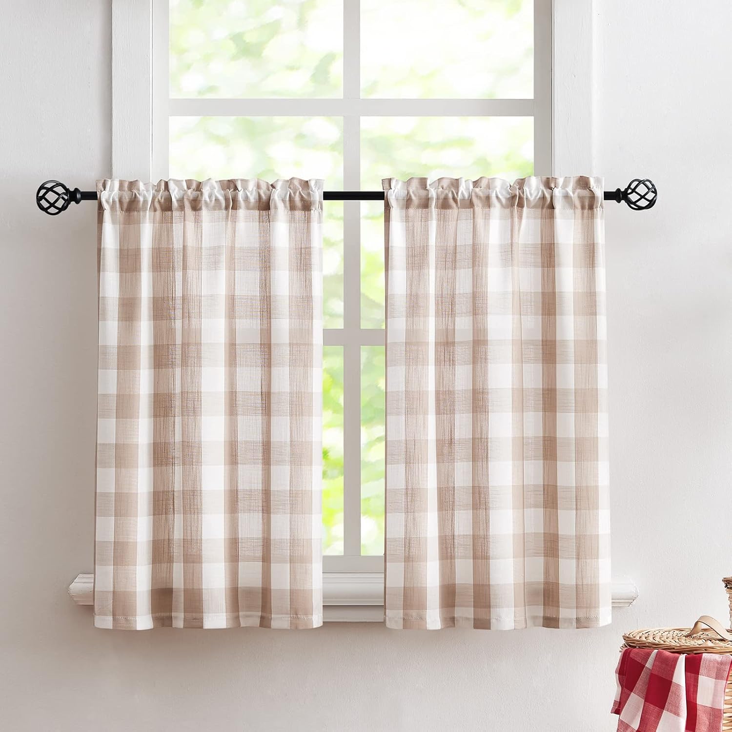 Treatmentex Buffalo Check Valance and Kitchen Curtain Set, Taupe