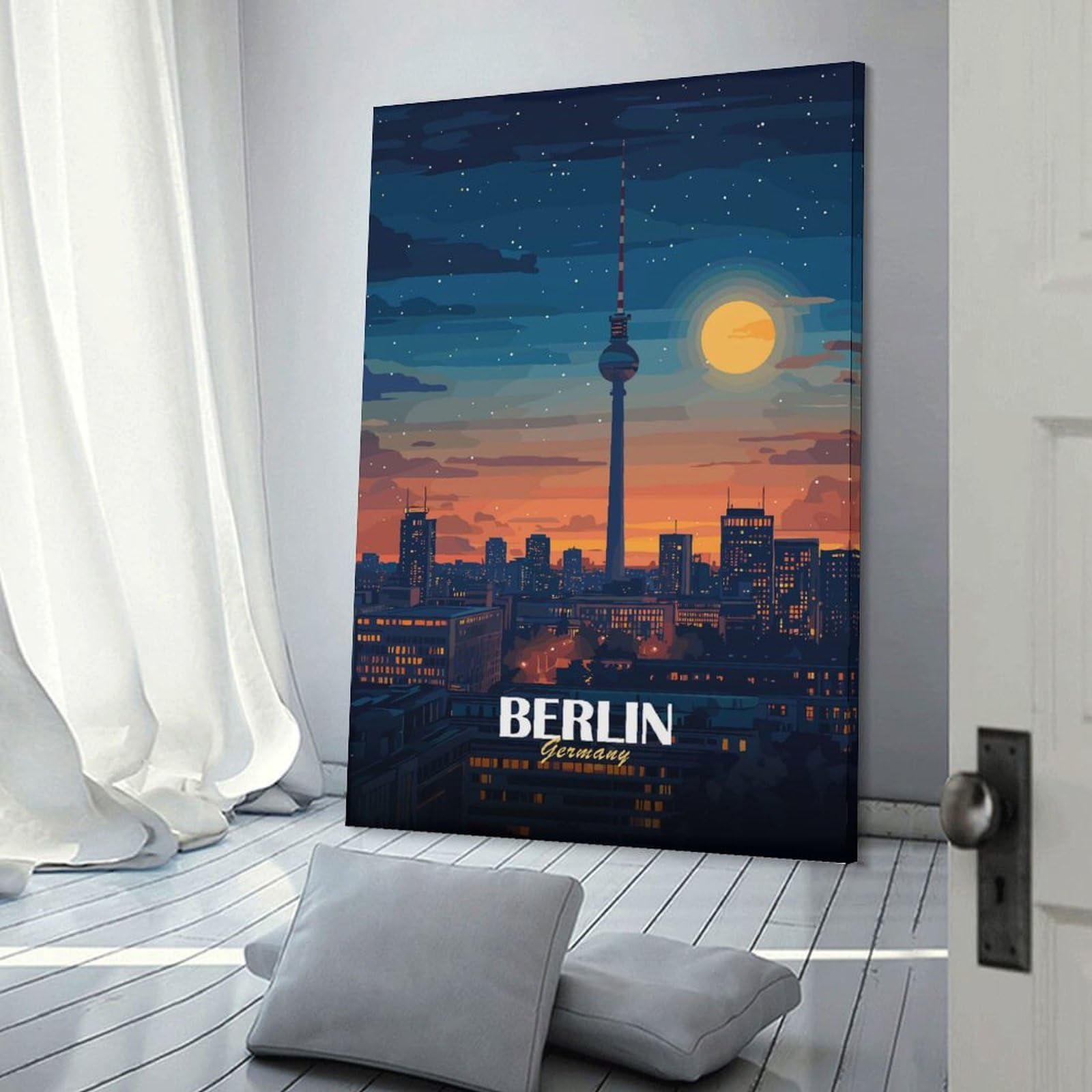 Junmoney Berlin, Germany Cityscape at Night Decorative Wall Artwork, 24x36inch(60x90cm), for Home Lounge, Bedroom Or Reading Nook, Eye Catching Artwork for Blank Walls