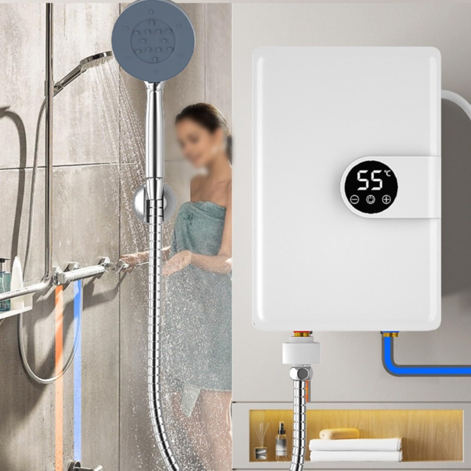 Mini scaldabagno elettrico, 5500 W, con serbatoio in acciaio inox e display LCD, per scaldabagno istantaneo per doccia, bagno, cucina e lavanderia