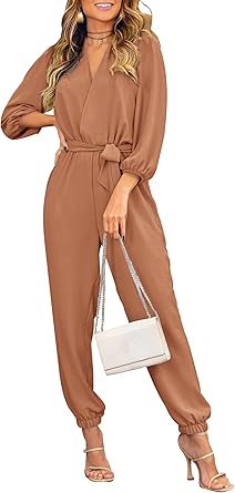PRETTYGARDEN Women's Fall Jumpsuits Dressy Casual Pants Romper Spring Long Sleeve V Neck Belt Pockets One Piece Outfits