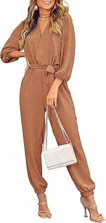 PRETTYGARDEN Women's Fall Jumpsuits Dressy Casual Pants Romper Spring Long Sleeve V Neck Belt Pockets One Piece Outfits