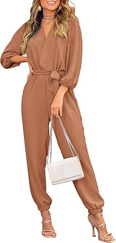 PRETTYGARDEN Women's Fall Jumpsuits Dressy Casual Pants Romper Spring Long Sleeve V Neck Belt Pockets One Piece Outfits