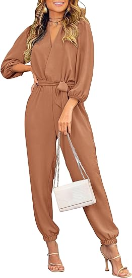 PRETTYGARDEN Women's Fall Jumpsuits Dressy Casual Pants Romper Spring Long Sleeve V Neck Belt Pockets One Piece Outfits