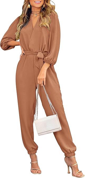 PRETTYGARDEN Women's Fall Jumpsuits Dressy Casual Pants Romper Spring Long Sleeve V Neck Belt Pockets One Piece Outfits