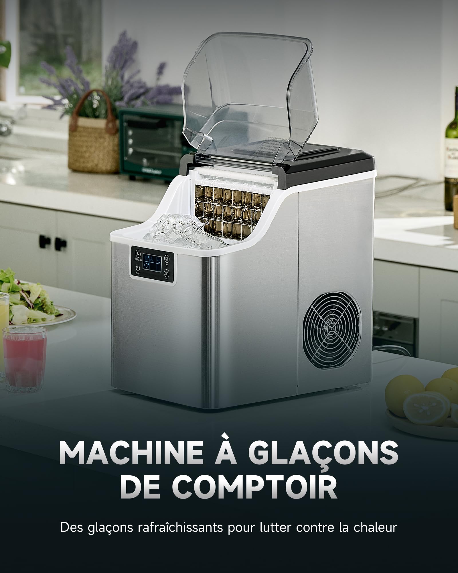 CO-Z Machine à Glaçons 22kg en 24H, 24 Glaçons en 11-20 Minutes, Ice Maker 160W Réservoir d’Eau 3,2L Fonction Auto-Nettoyage, avec Pelle et Panier à Glaçons, Portable pour Maison Bureau Bar Restaurant