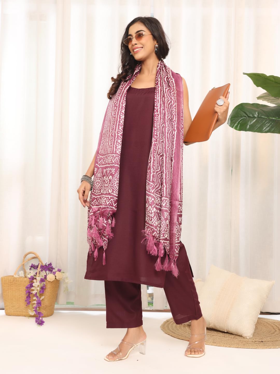Varanga Women's Violet Strap Kurta With Tonal Bottom & Printed Dupatta  Round Neck, Side Slit Design, Stylish & Comfortable