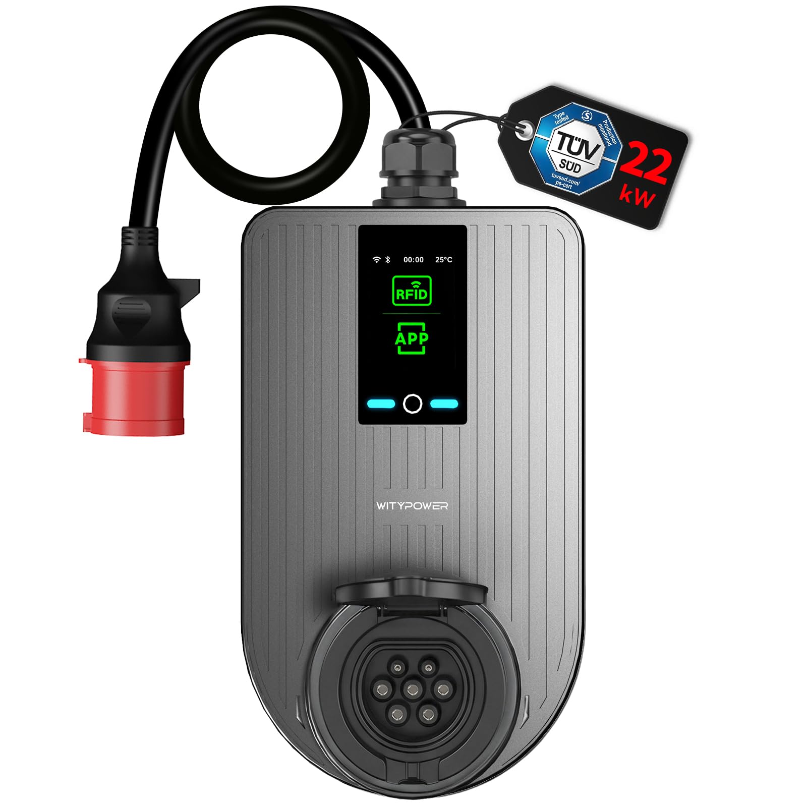 Mobile Wallbox 22kW mit APP & RFID CEE Stecker 32A & Typ 2 Socket